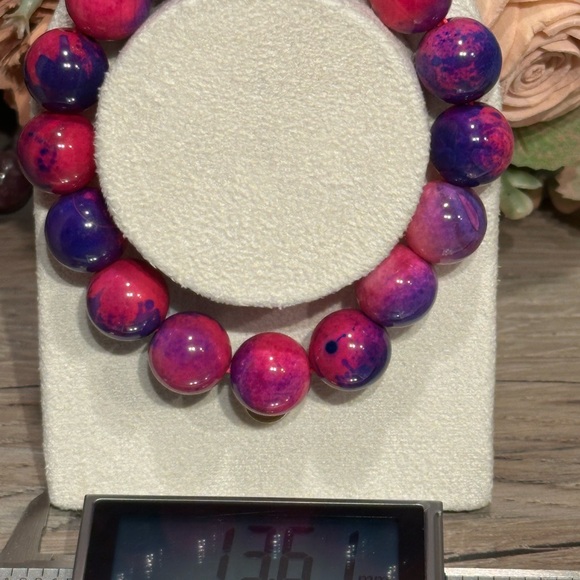 Fuchsia & Violet Marbled Agate Bracelet 13.5mm Size 6.75 - Picture 3 of 4